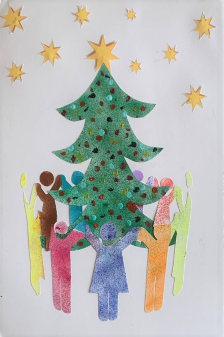 Colourful outlines of people stood around a Christmas tree stood hand in hand.